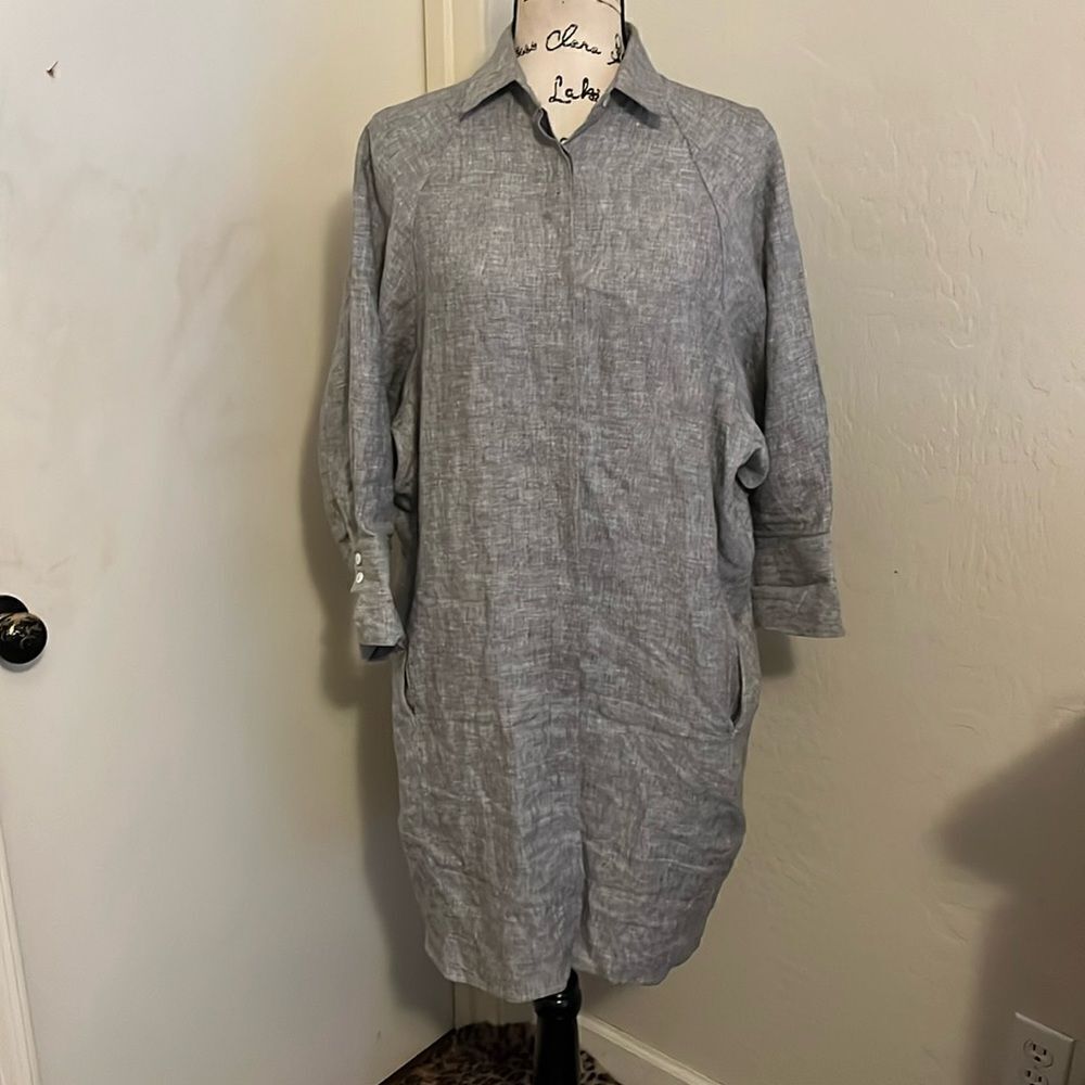 Andrea & Joen Gray French Linen Shirt Dress Minimalist Lagenlook Casual